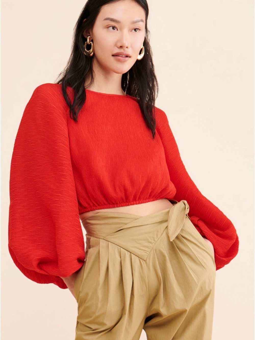 C/MEO Collective Red Balloon-Sleeve Crop Top